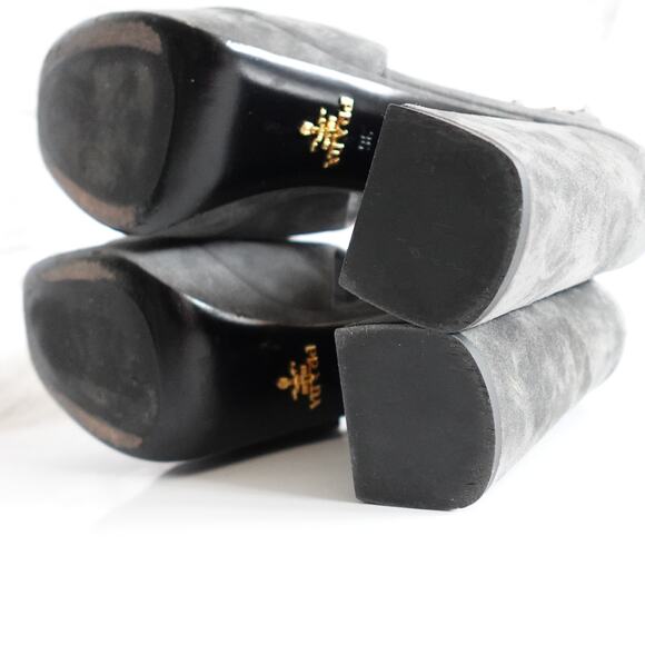 Prada Grey Suede Cutout Suede Peep Toe Platform Sandals - Picture 11 of 12